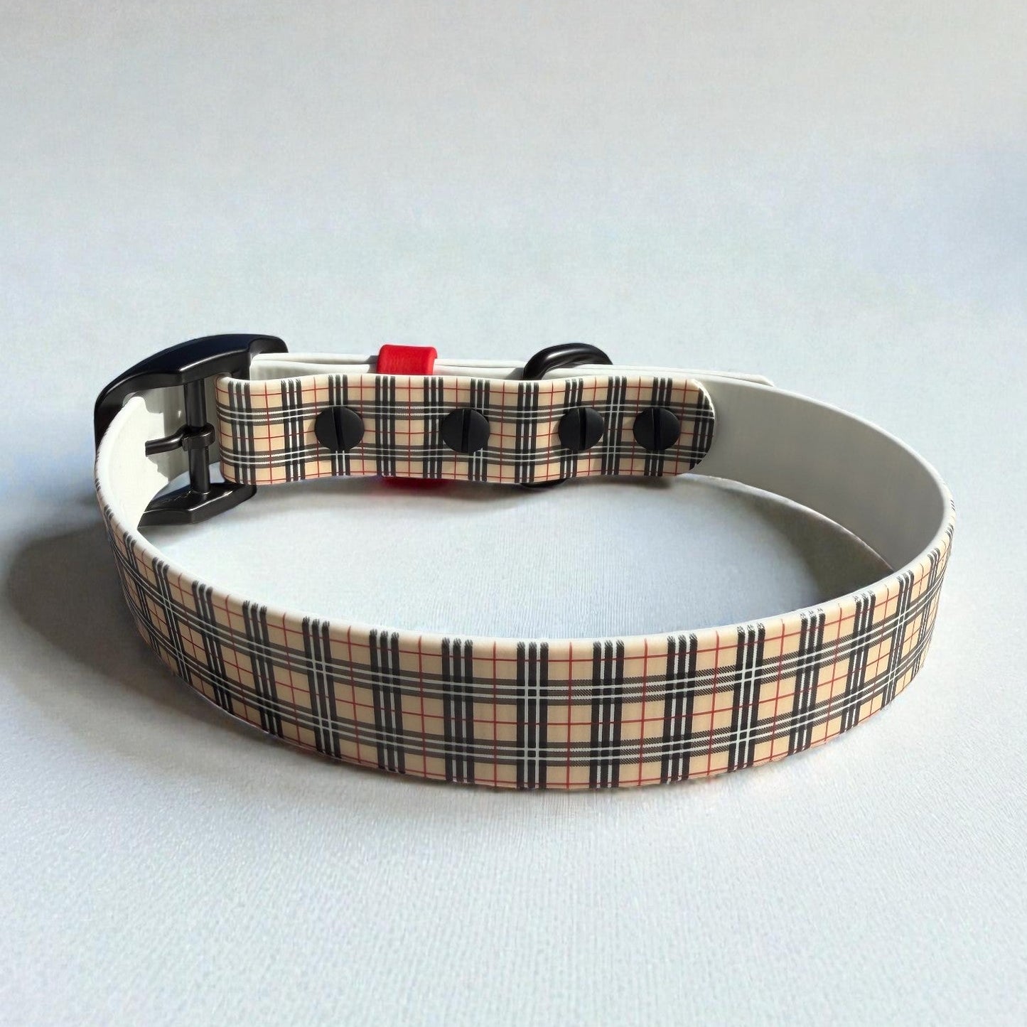 Back view of plaid patterned dog collar on a light gray background