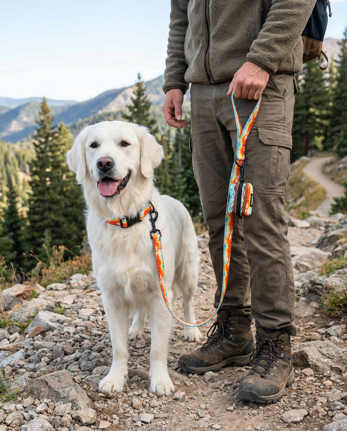 Person and dog on a mountain trail with a colorful leash