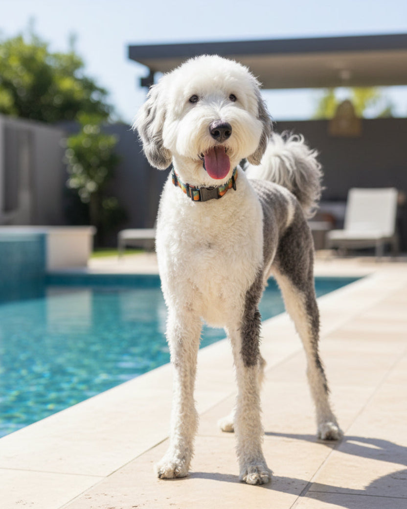 A fluffy white and gray dog, in a vibrant waterproof dog collar, standing alongside a beautiful swimming pool.
