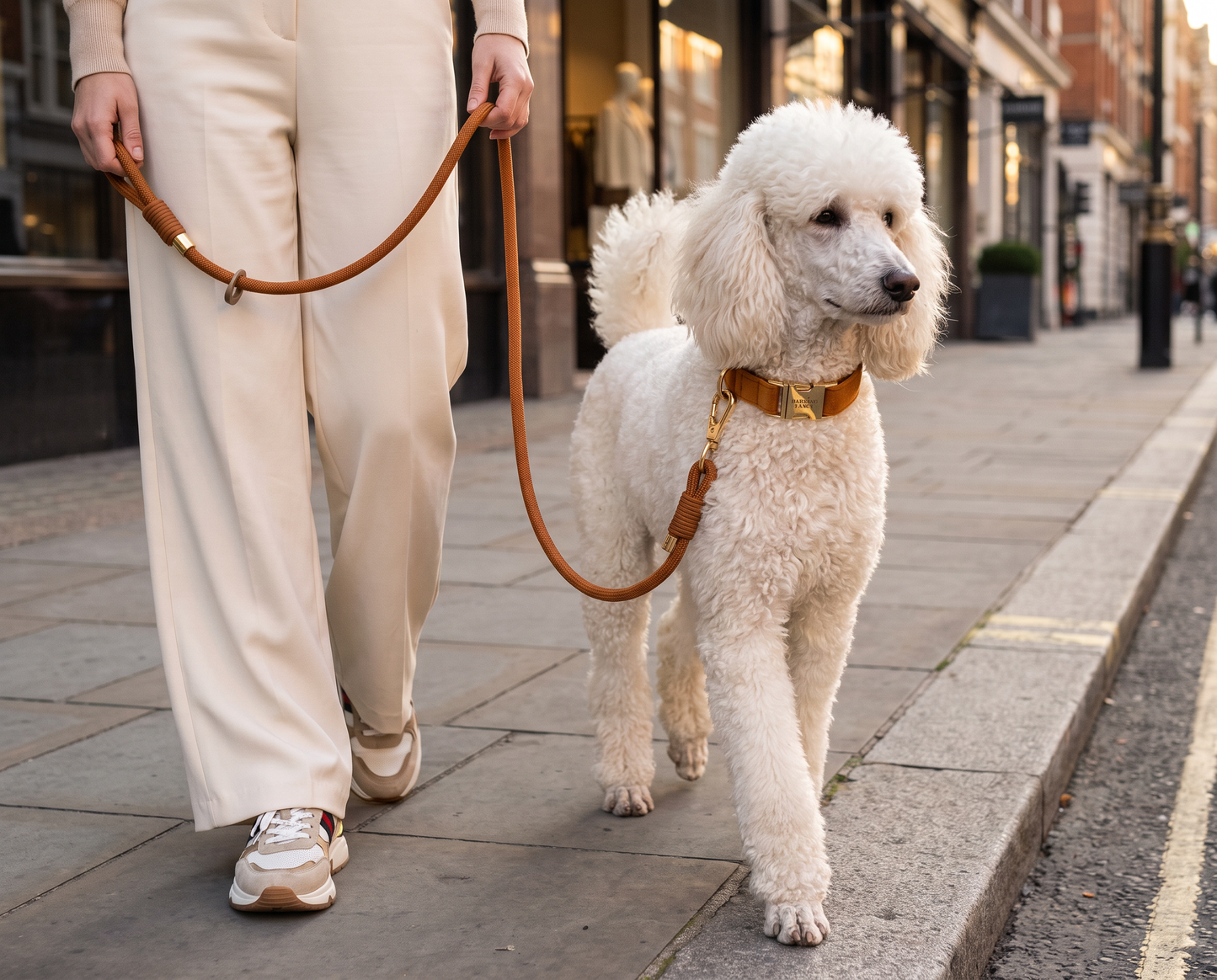 A Standard Poodle wearing the caramel velvet collar and matching rope leash