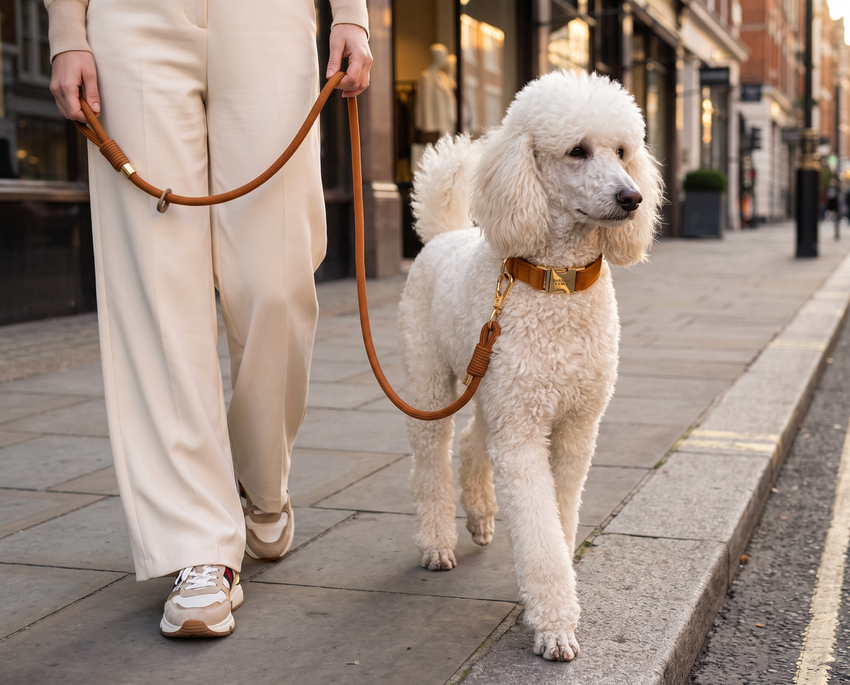 A Standard Poodle wearing the caramel velvet collar and matching rope leash