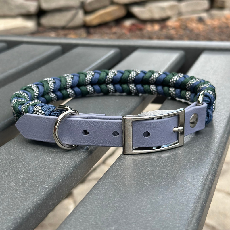 Coiled Charm Hand Braided Dog Collar in Navy, Emerald Green, & Silver Diamonds