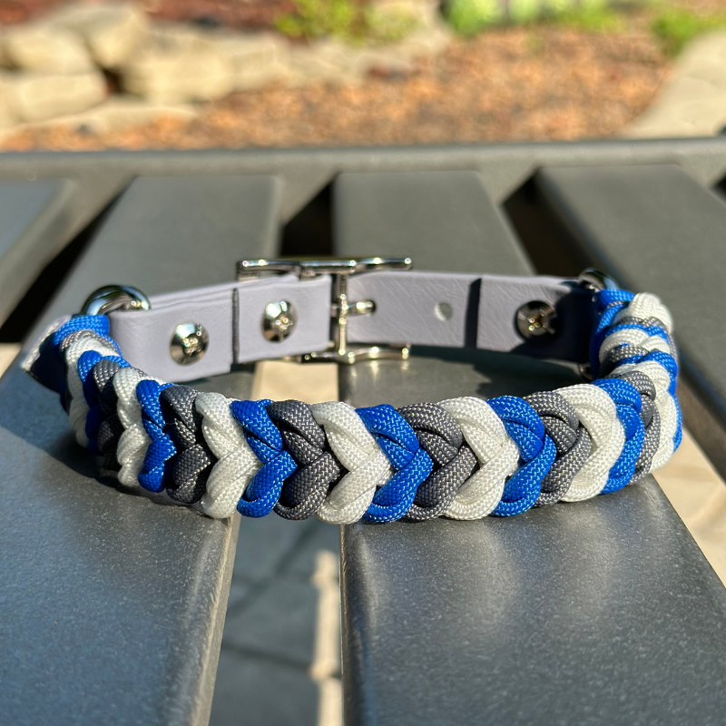 Coiled Charm Hand Braided Dog Collar in Royal Blue, Graphite, & White