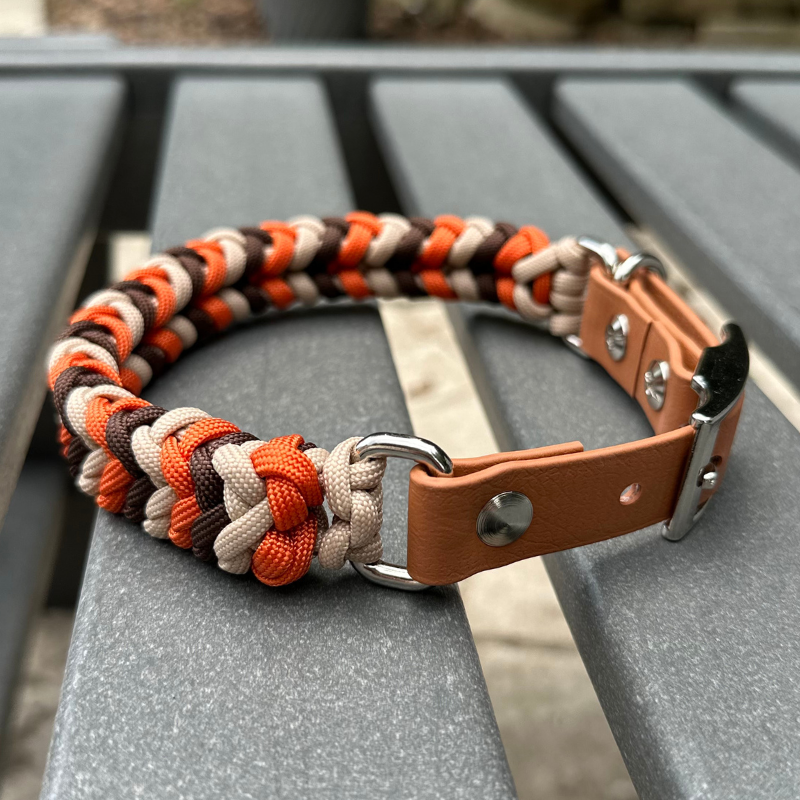 Coiled Charm Hand Braided Dog Collar in Burnt Orange, Walnut Brown, & Light Tan
