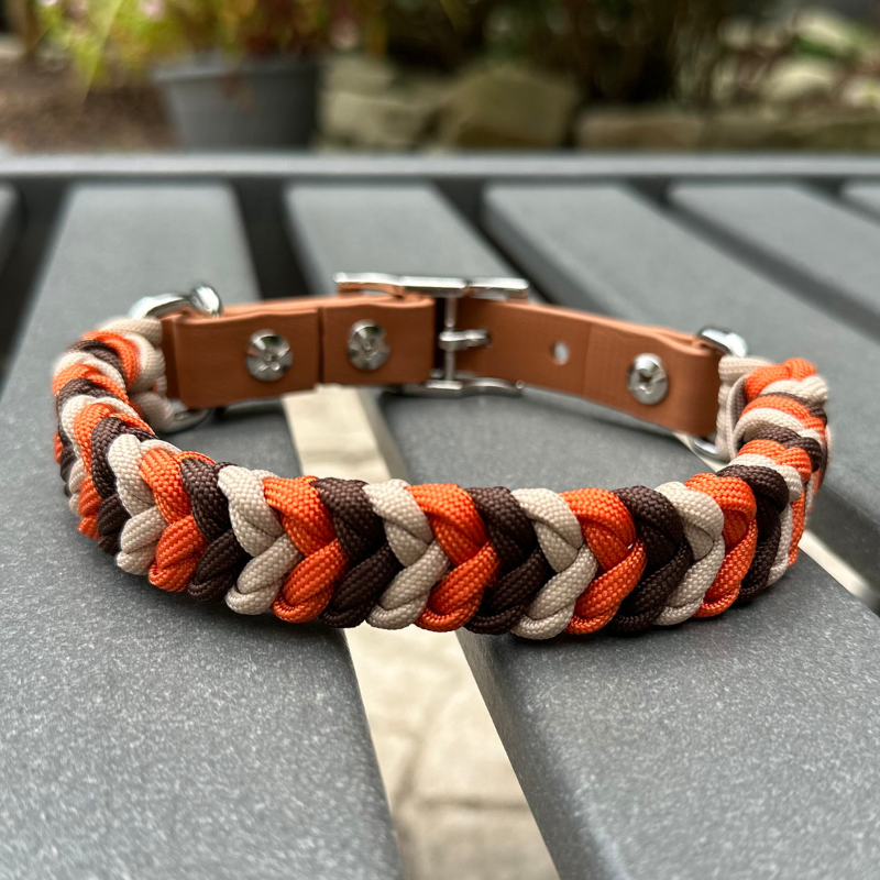 Coiled Charm Hand Braided Dog Collar in Burnt Orange, Walnut Brown, & Light Tan