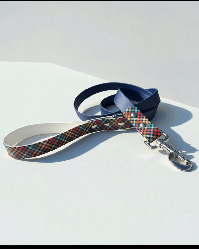 Plaid dog leash with blue handle on a white background