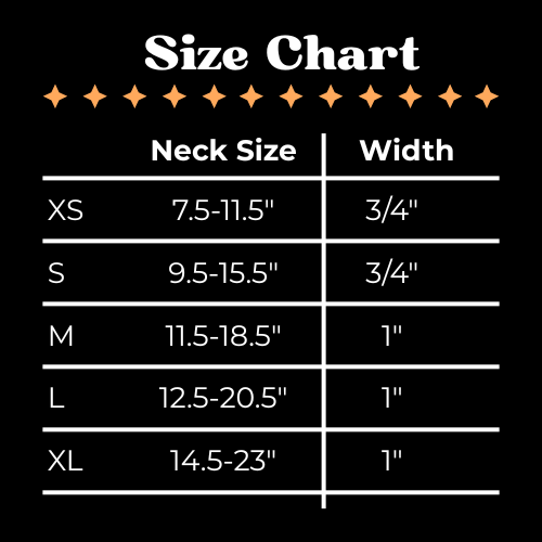 Size chart for neck sizes and widths on a black background