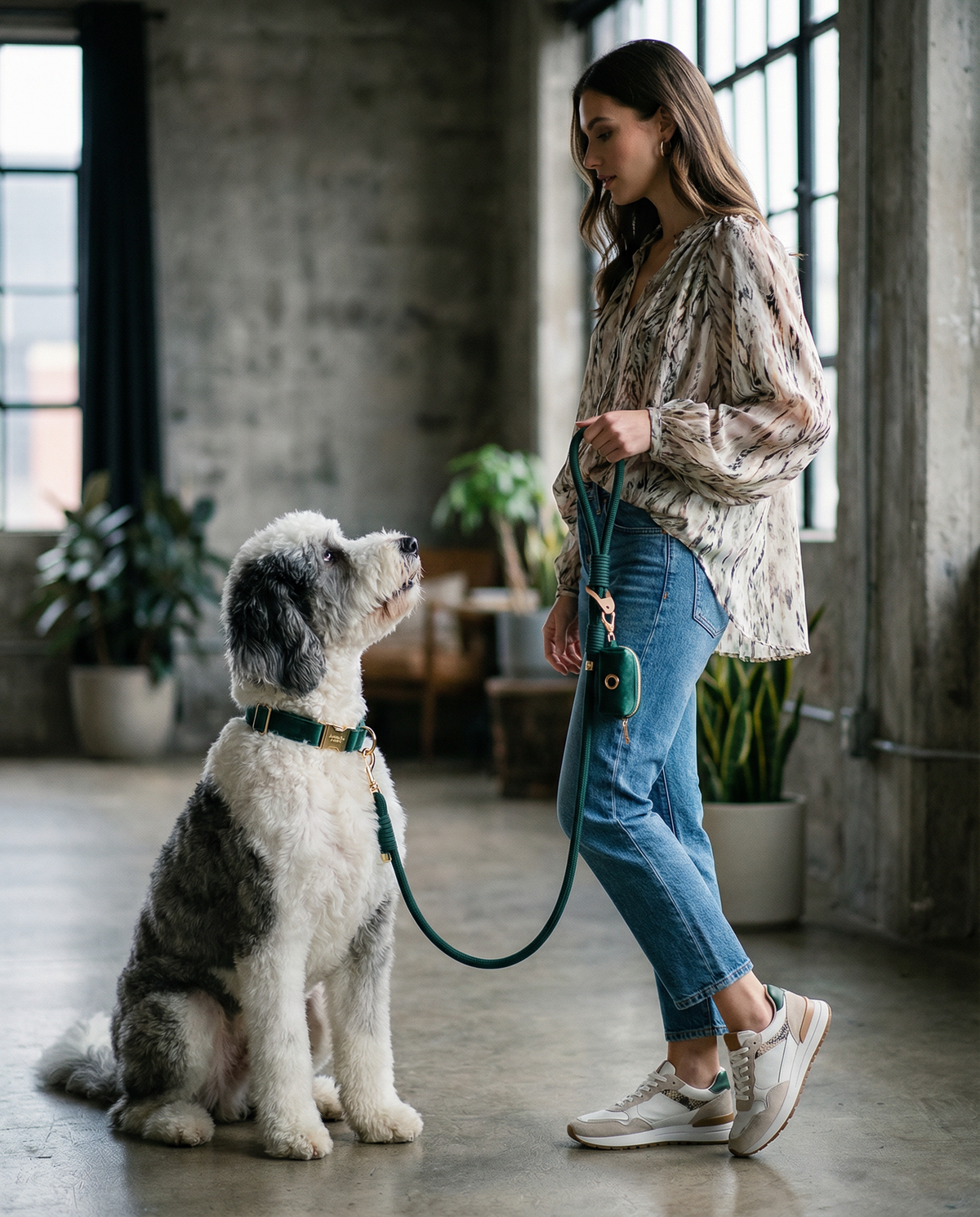 Dog wearing the Fir Signature Velvet collar with coordinating walk set