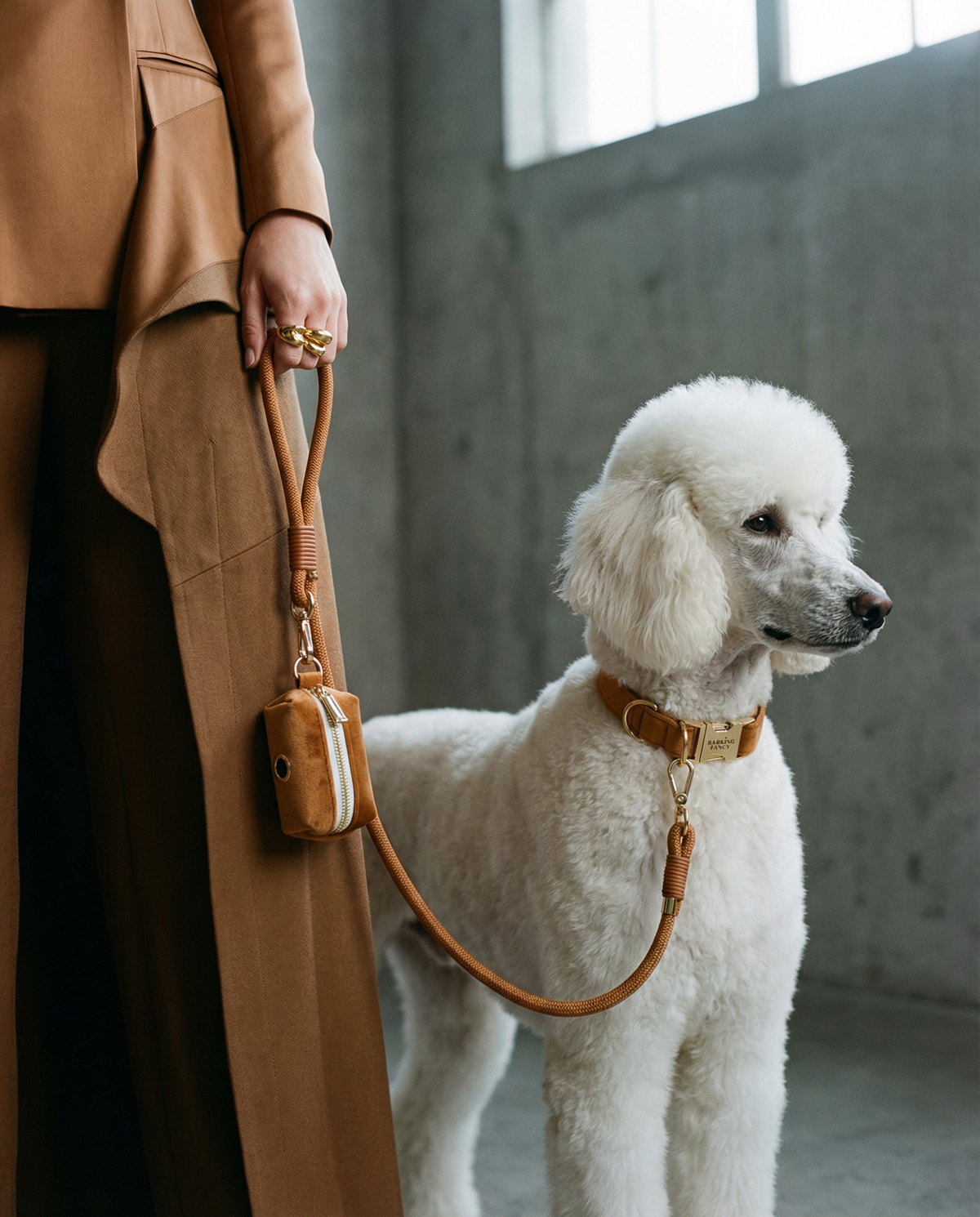 Caramel Signature Velvet poop bag dispenser in a coordinated walk set
