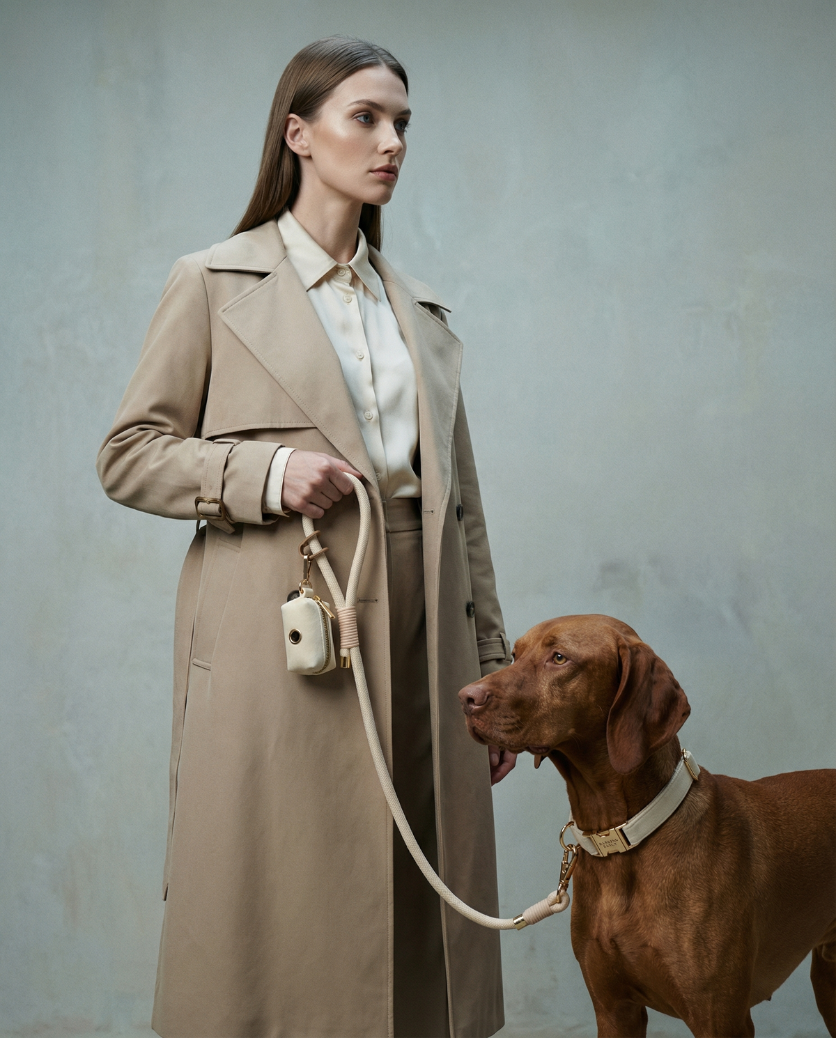 Woman with a Vizsla wearing the Cream Signature Velvet collar and coordinating walk set