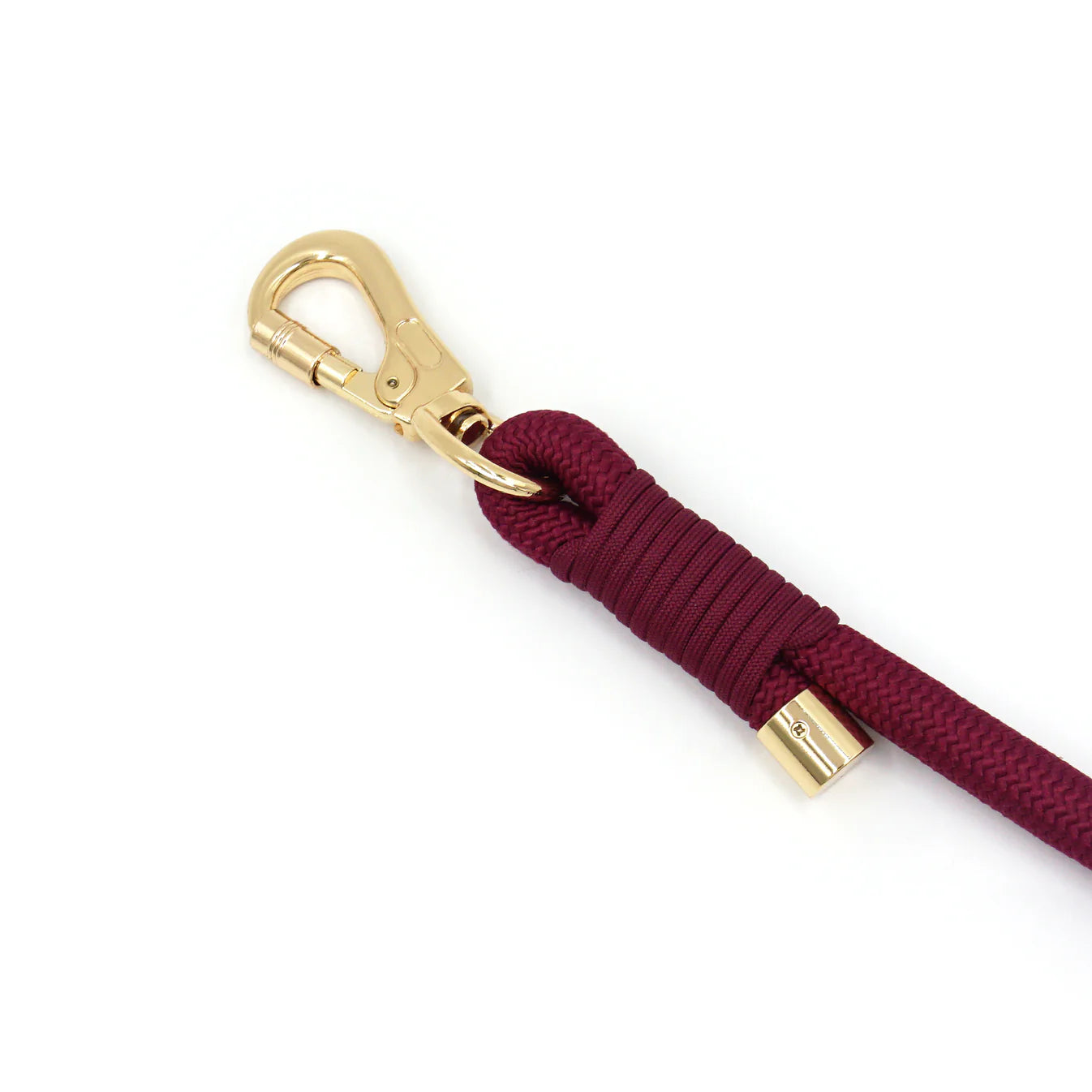 Burgundy dog leash with gold clasp on a white background