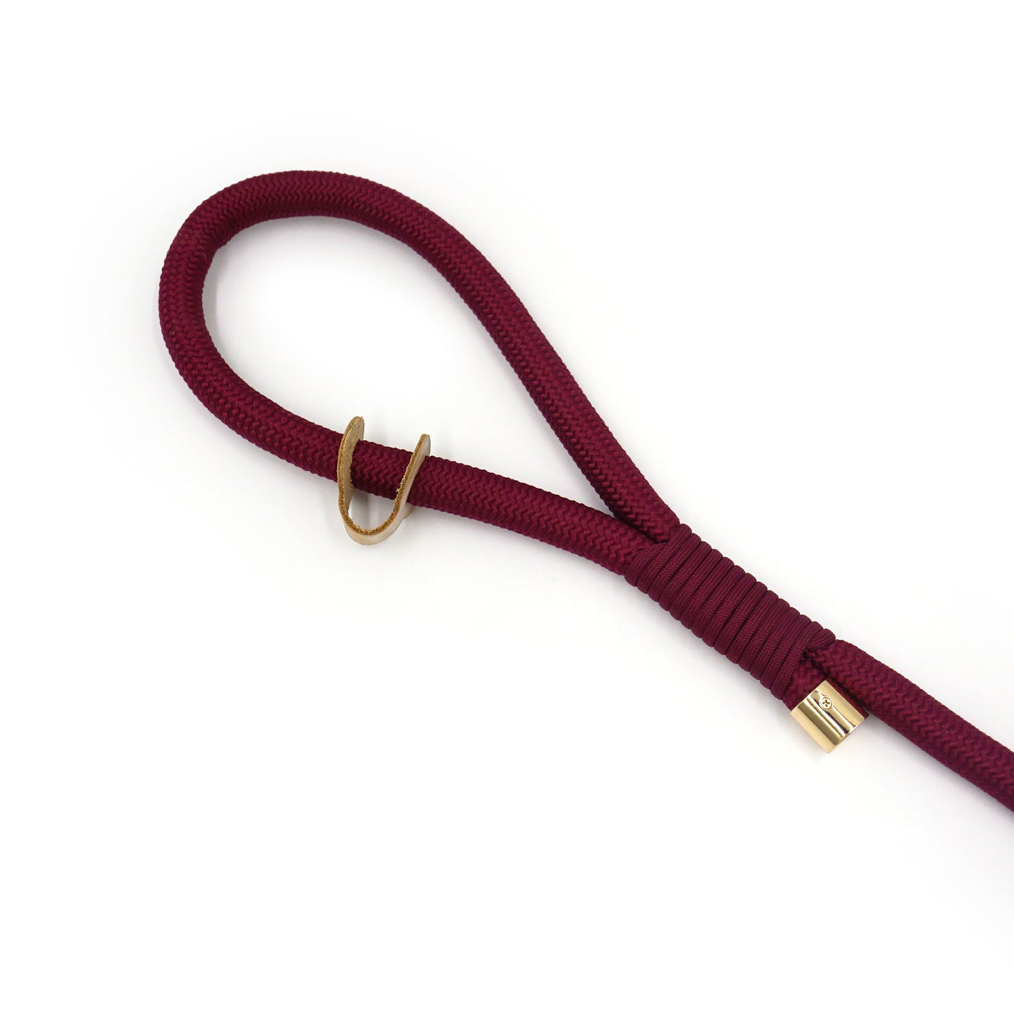 Burgundy rope dog leash with gold clasp on a white background