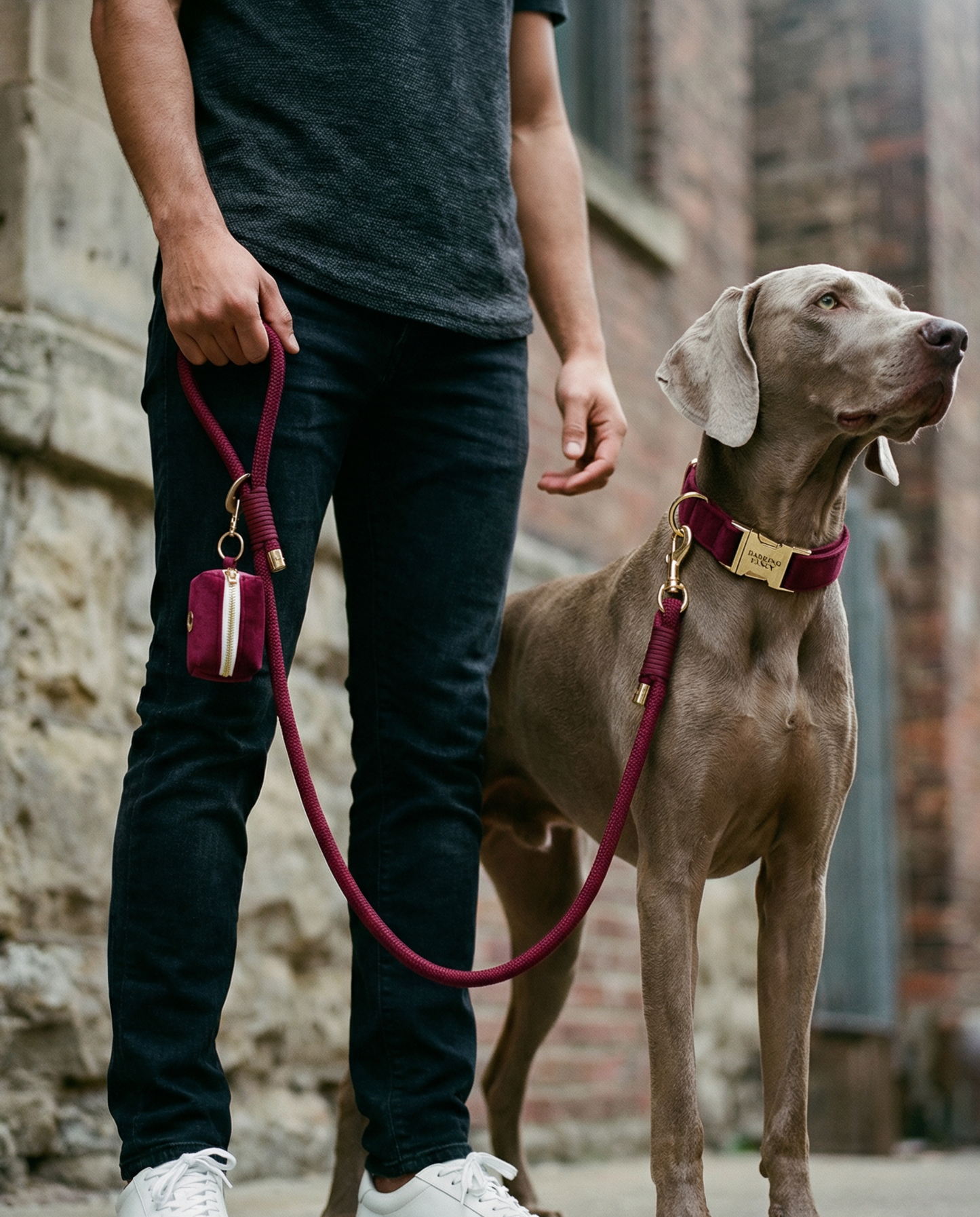 Person walking a dog in a burgundy velvet dog collar with gold hardware and coordinating leash and poop bag dispenser