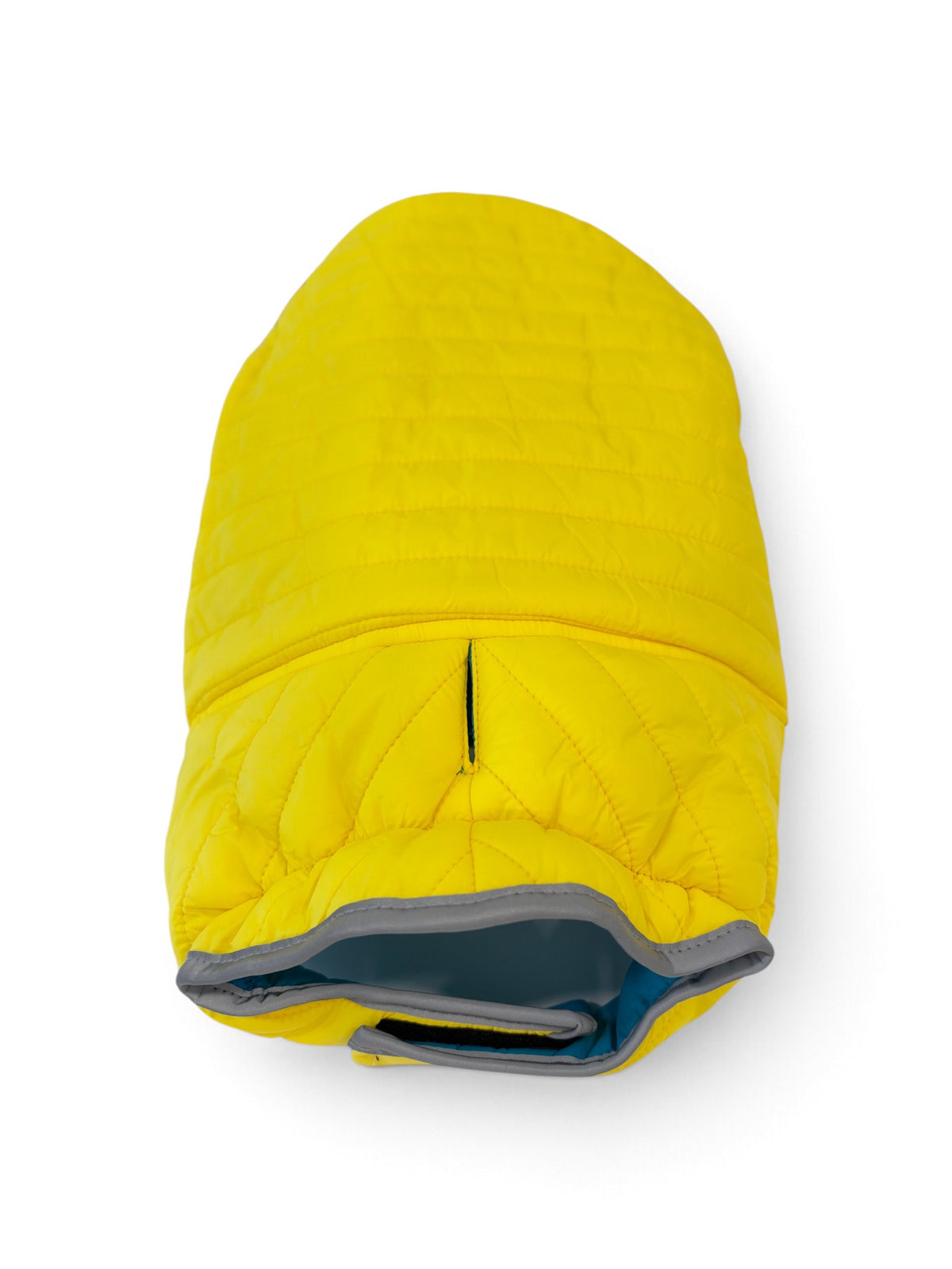 Adventurer reversible dog puffer vest with yellow side facing out, front view