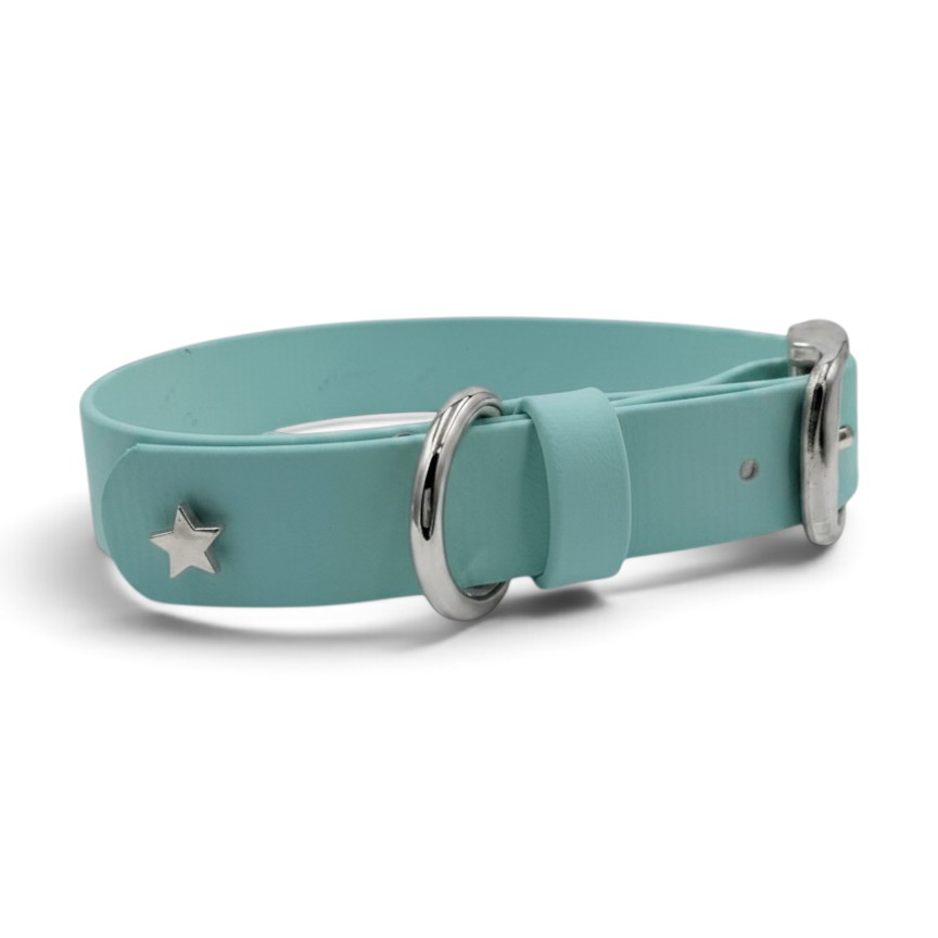 Dusty turquoise BioThane belt collar with silver hardware and matching keeper, side view; edited color example
