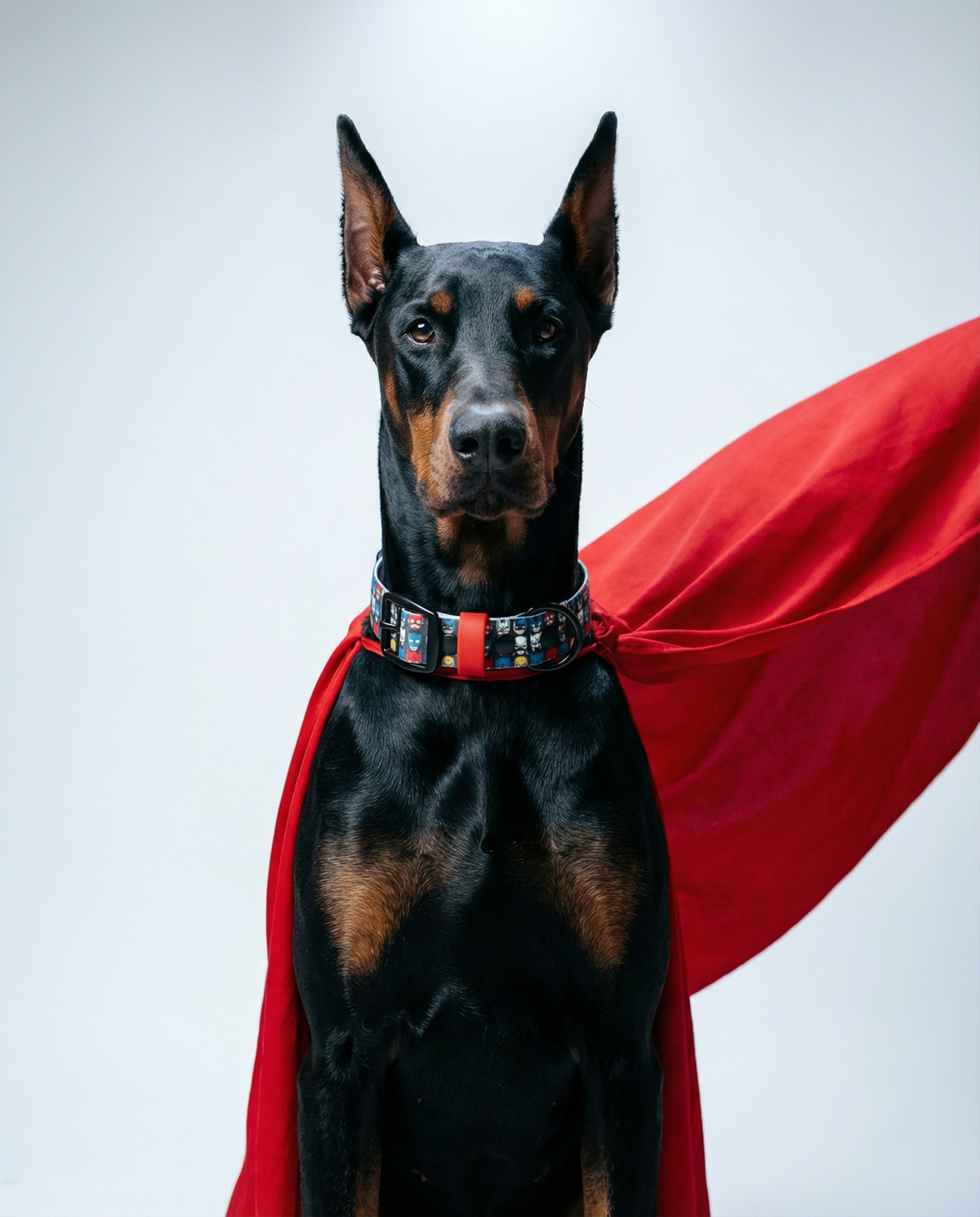 A Doberman Pinscher wearing the Superheroes Biothane collar
