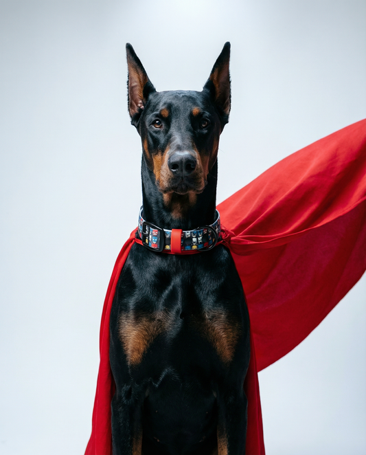 A Doberman Pinscher wearing the Superheroes Biothane collar