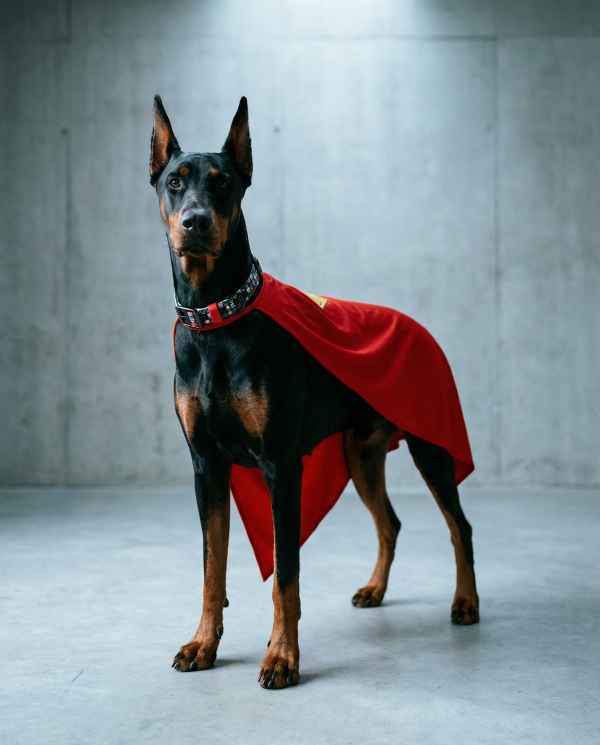 A Doberman Pinscher in a red cape wearing the Superheroes Biothane collar