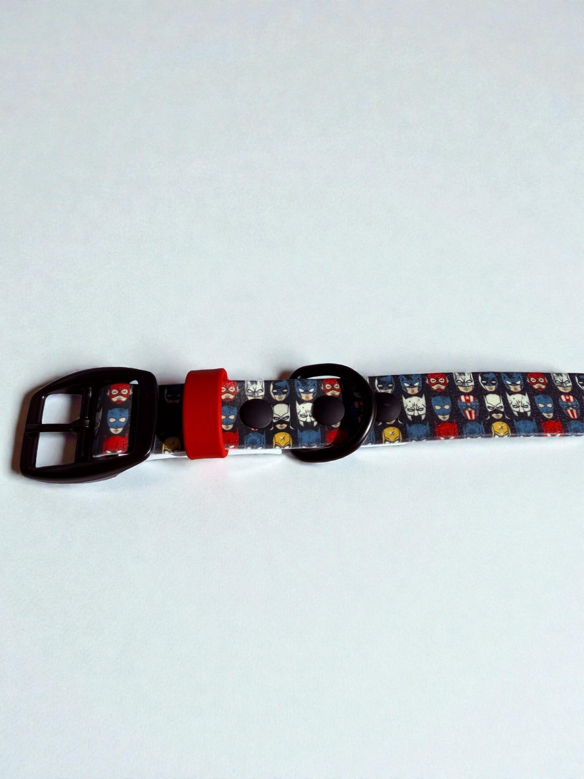 The Superheroes Biothane dog collar, close-up of the print