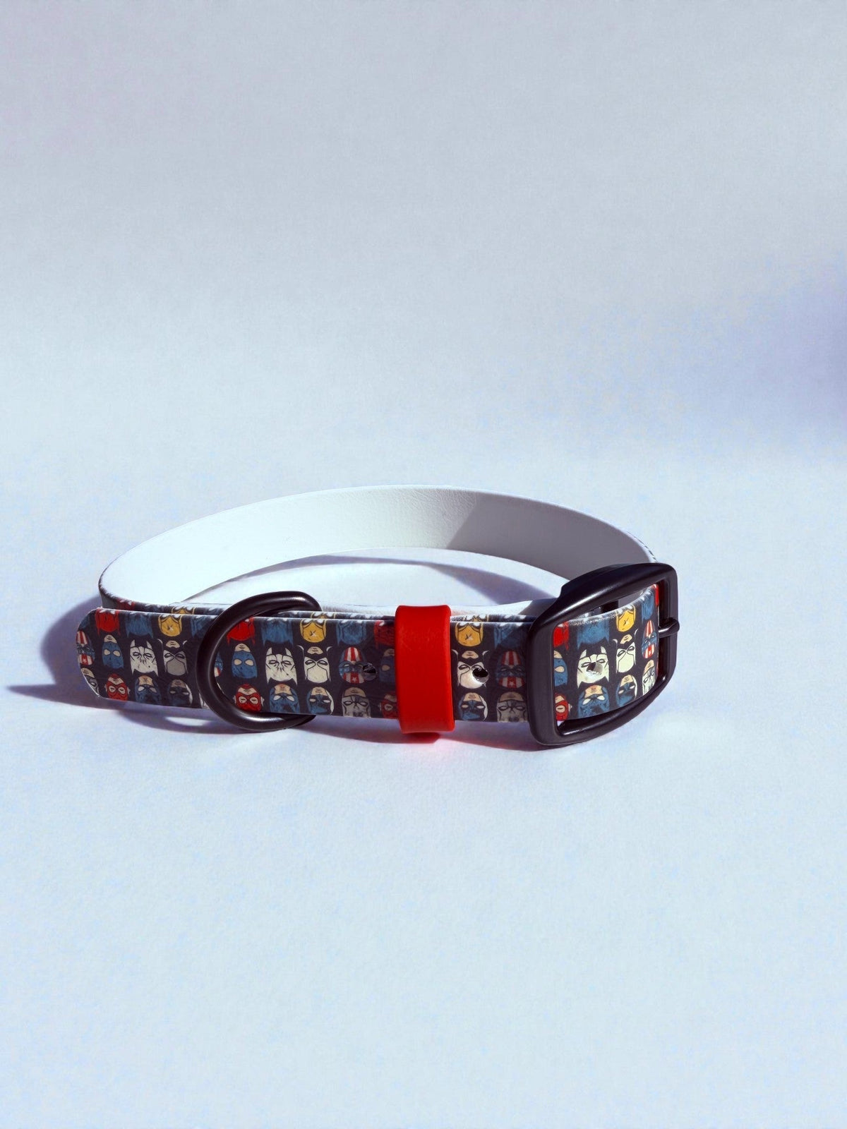 The Superheroes Biothane dog collar on a white background